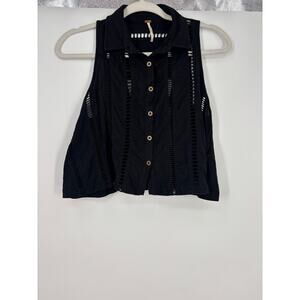 Free People Top Black Sleeveless Button Front Cut Out Vest Blouse Size XSmall
